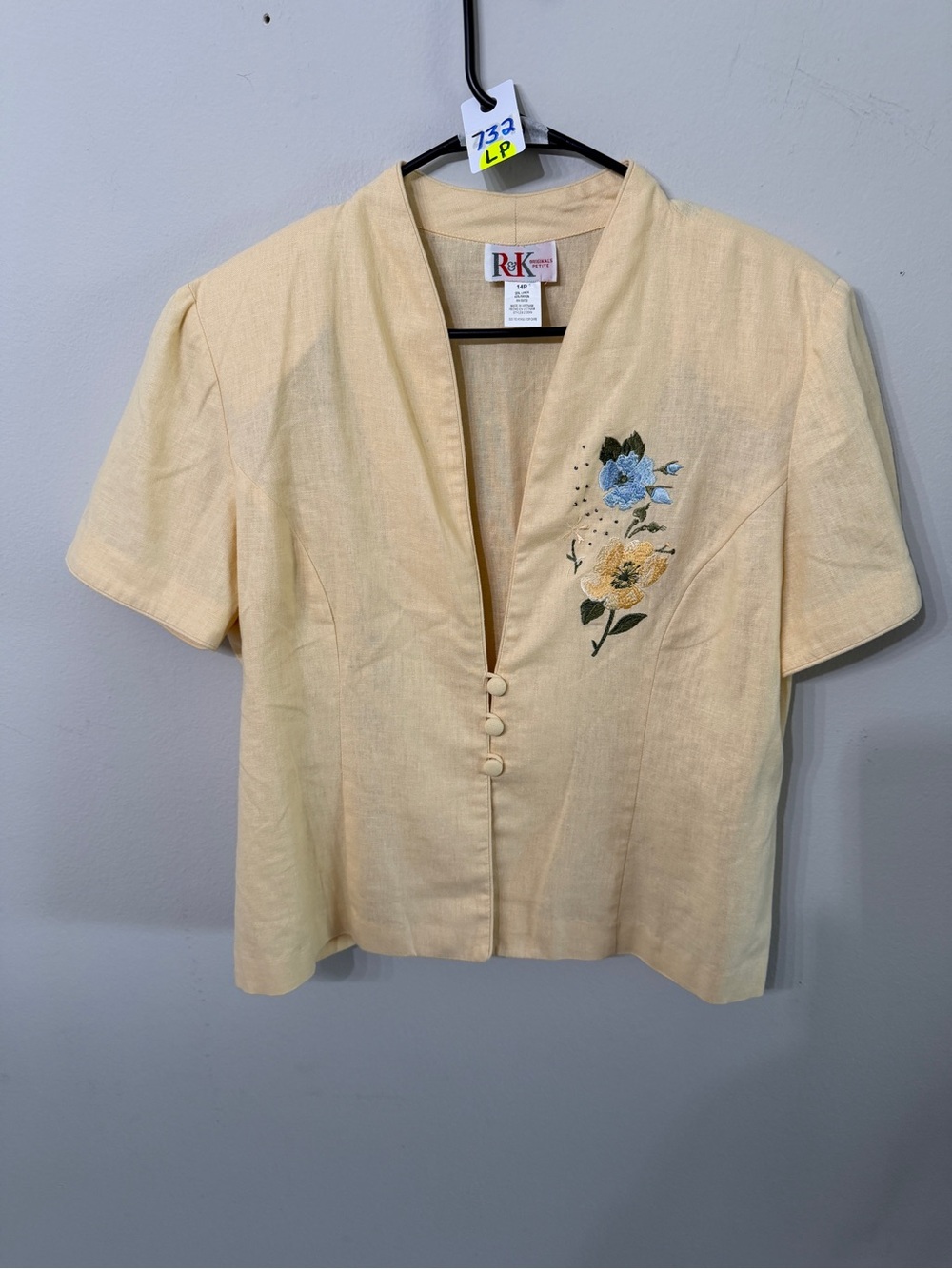 Women's R&K Originals Petite Yellow Linen Blend Floral Blouse Size 14P